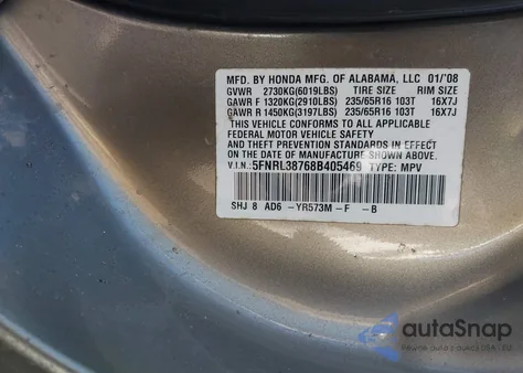 2008 Honda Odyssey Ex-L z USA, uszkodzony, nr VIN 5FNRL38768B405469